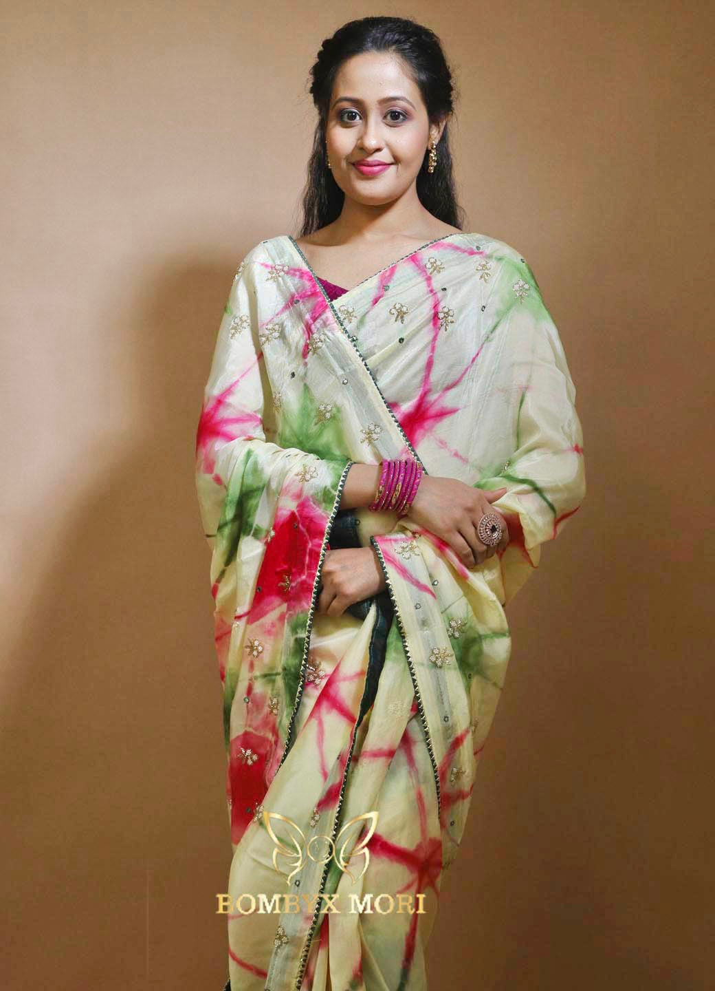 Pink Green Tie-Dye Royal Rajwada saree