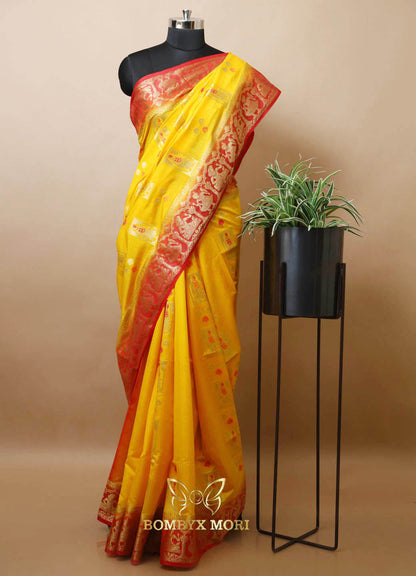 Sunshine Yellow and Red Baluchari Saree