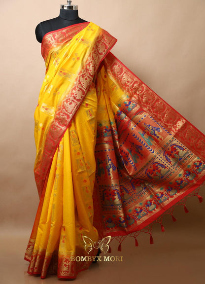 Sunshine Yellow and Red Baluchari Saree