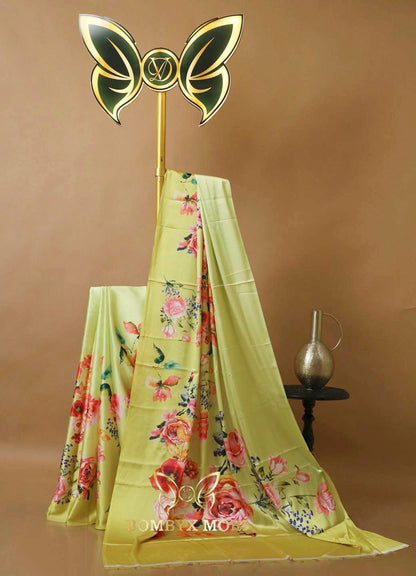 Yellow Green Floral Print Saree