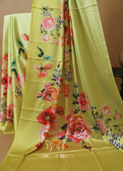 Yellow Green Floral Print Saree