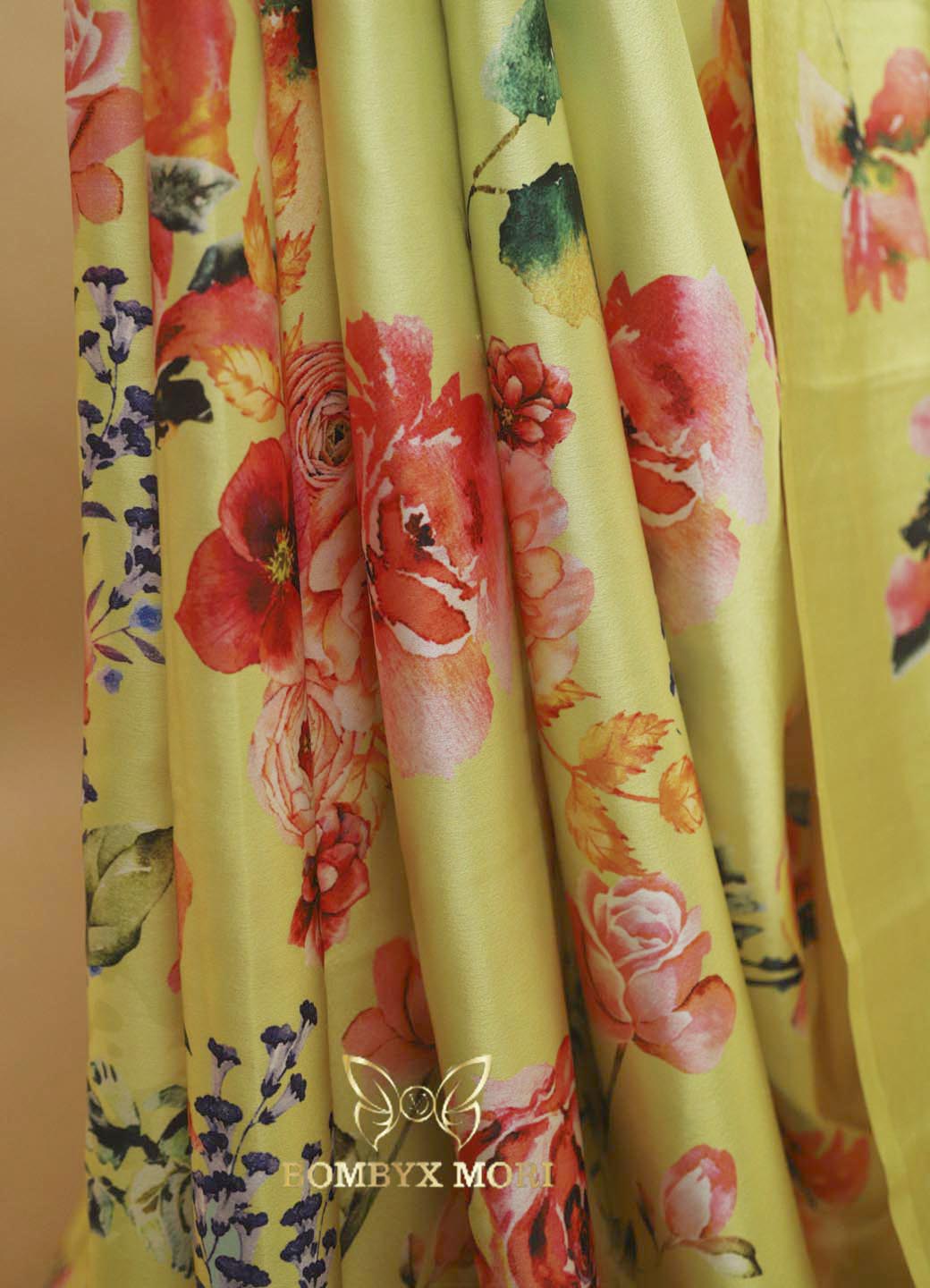 Yellow Green Floral Print Saree