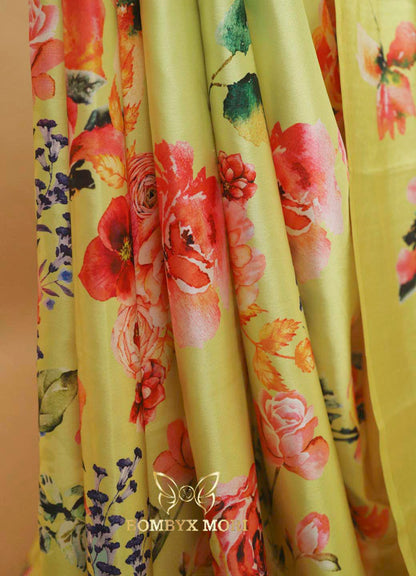 Yellow Green Floral Print Saree