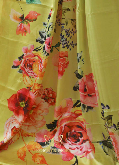 Yellow Green Floral Print Saree