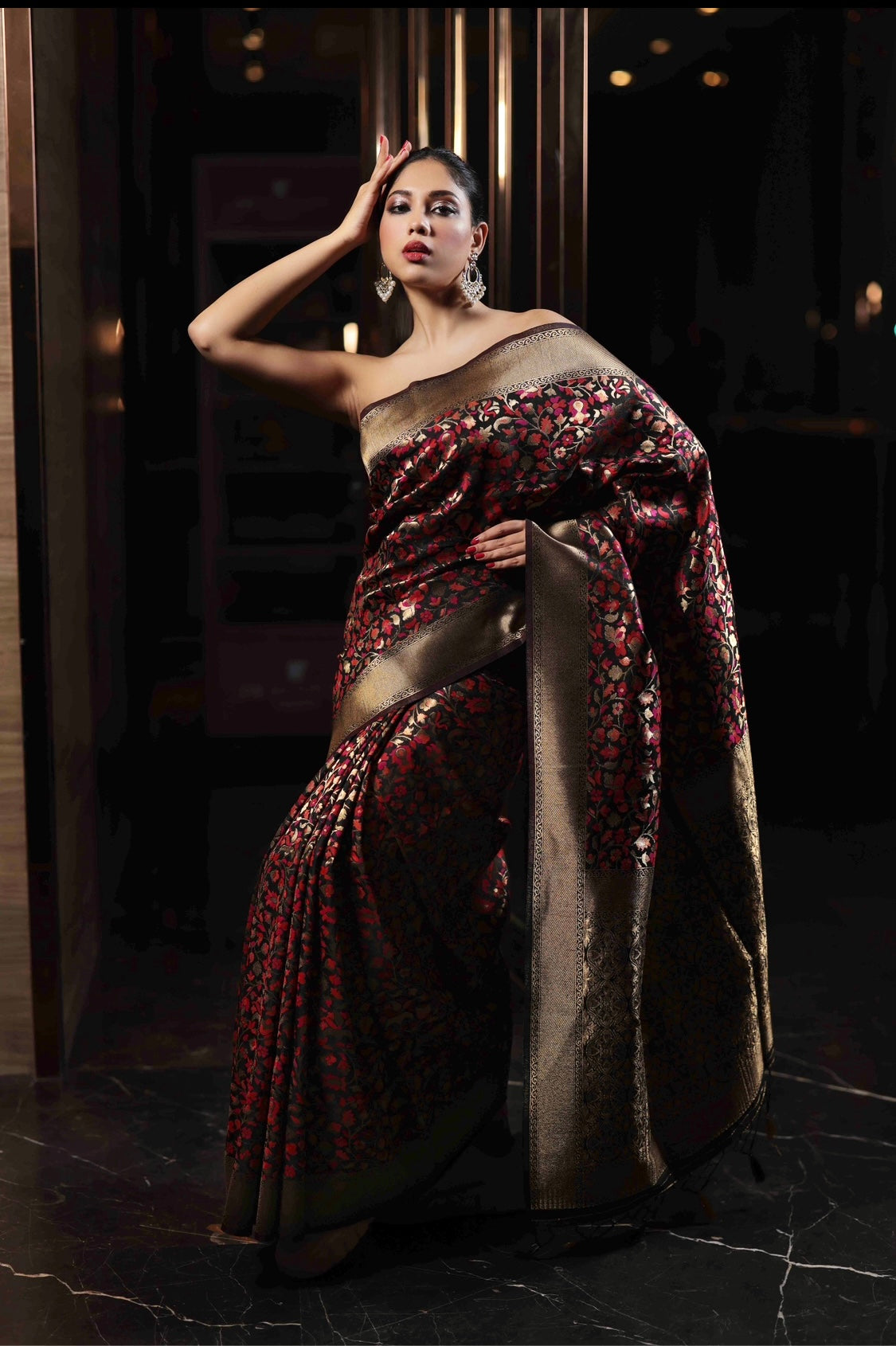 Blazing Black Pashmina Kashida Saree