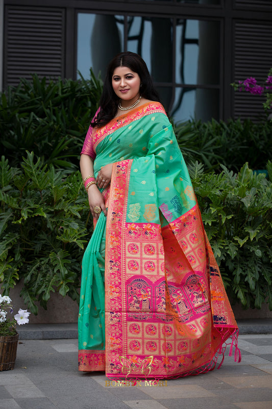 Mint Green and Bright Pink Baluchari saree