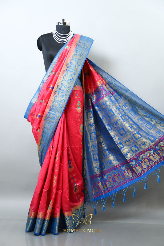 Exquisite Pink and Blue Baluchari saree