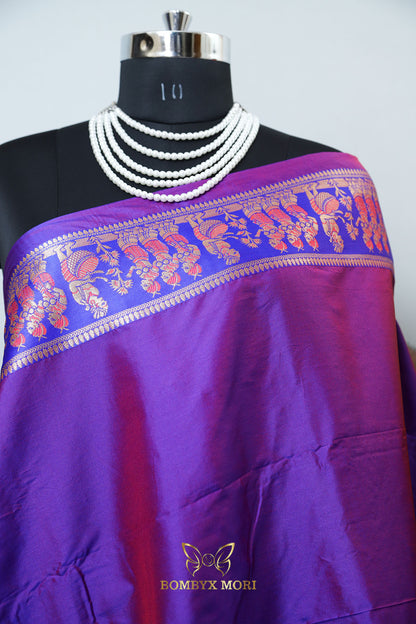 Tomato Red, Blue, and Magenta Aesthetic Baluchari saree