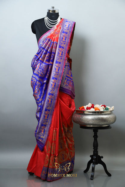 Tomato Red, Blue, and Magenta Aesthetic Baluchari saree