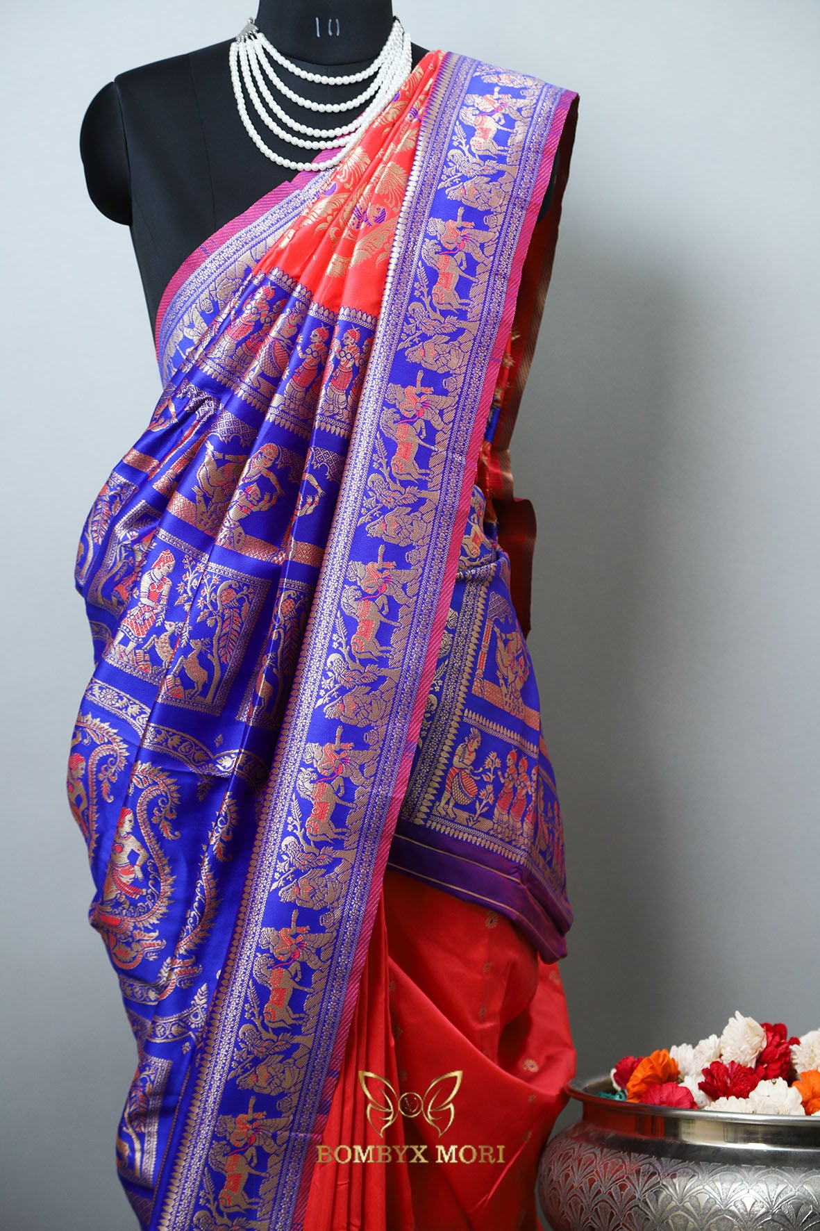 Tomato Red, Blue, and Magenta Aesthetic Baluchari saree