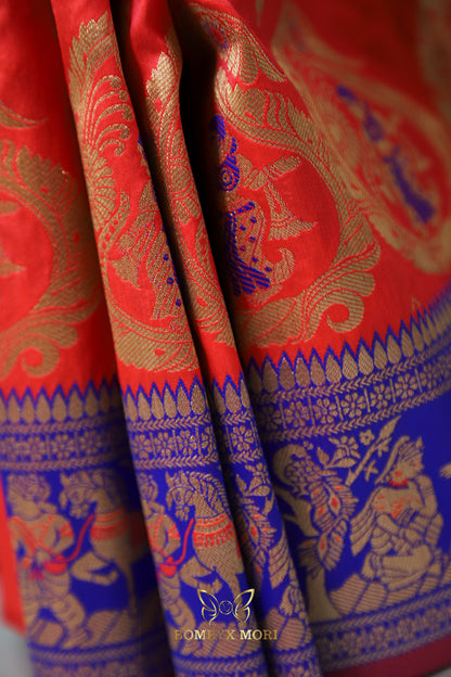 Tomato Red, Blue, and Magenta Aesthetic Baluchari saree