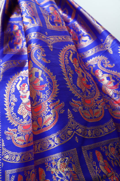 Tomato Red, Blue, and Magenta Aesthetic Baluchari saree