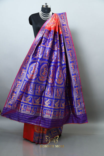 Tomato Red, Blue, and Magenta Aesthetic Baluchari saree