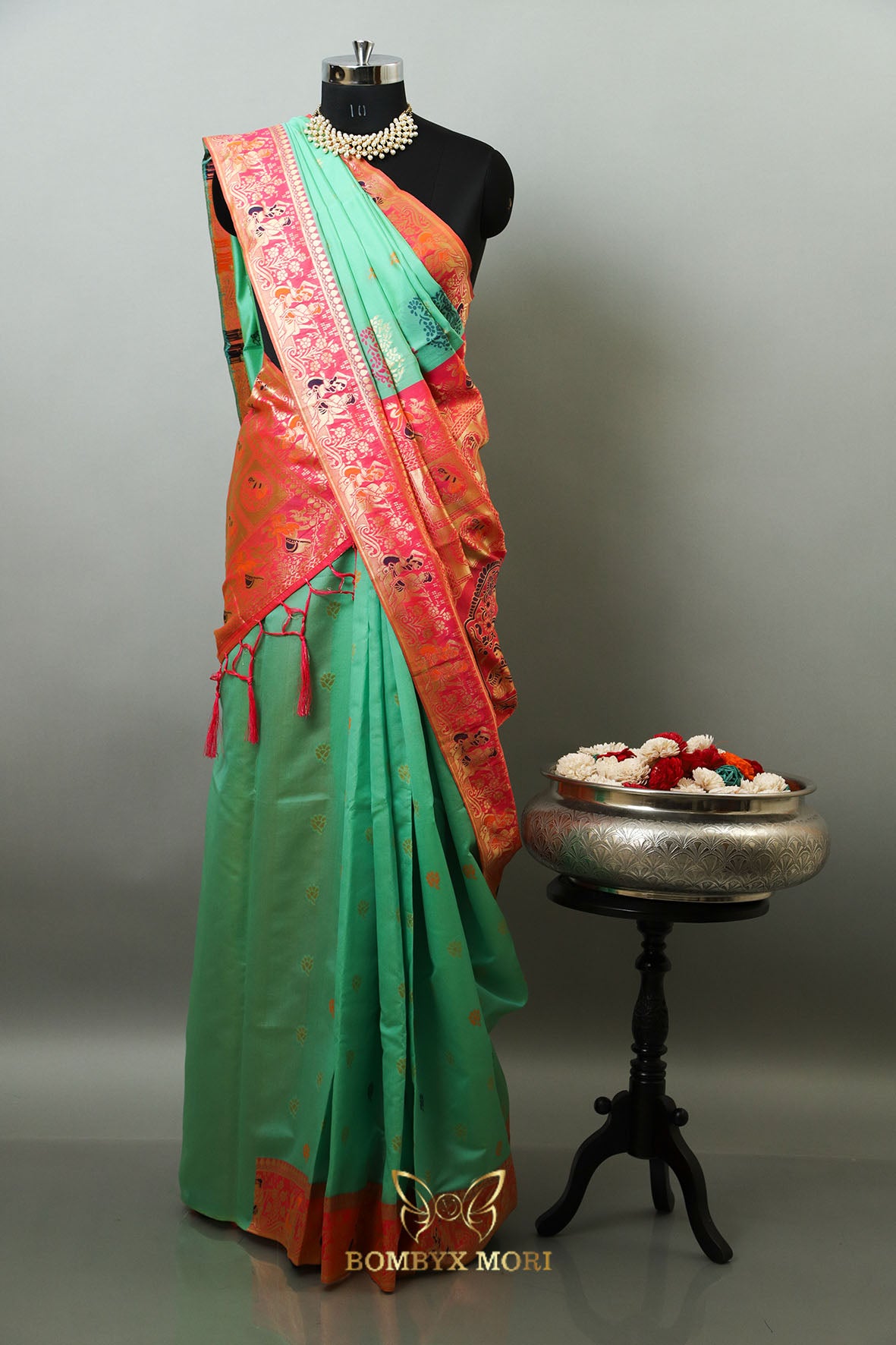 Mint Green and Bright Pink Baluchari saree