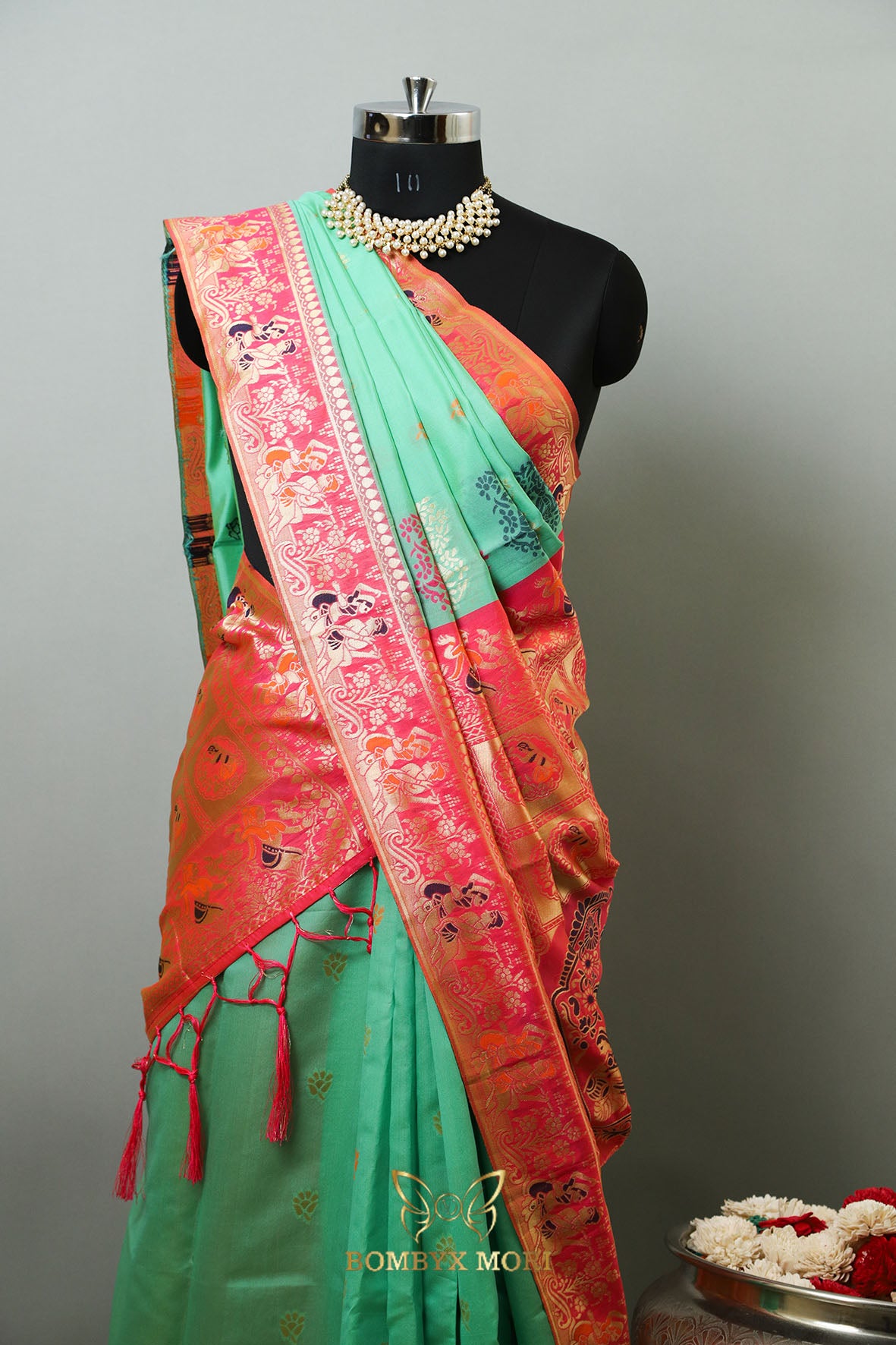 Mint Green and Bright Pink Baluchari saree