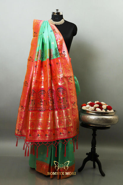 Mint Green and Bright Pink Baluchari saree