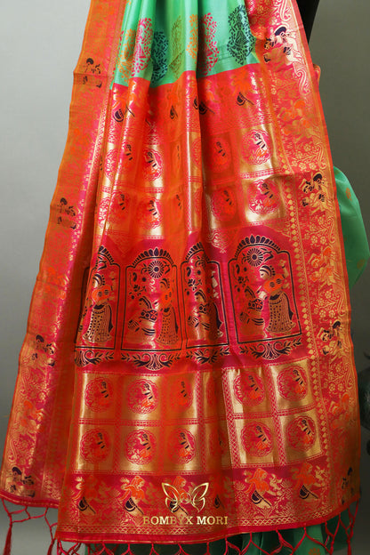 Mint Green and Bright Pink Baluchari saree