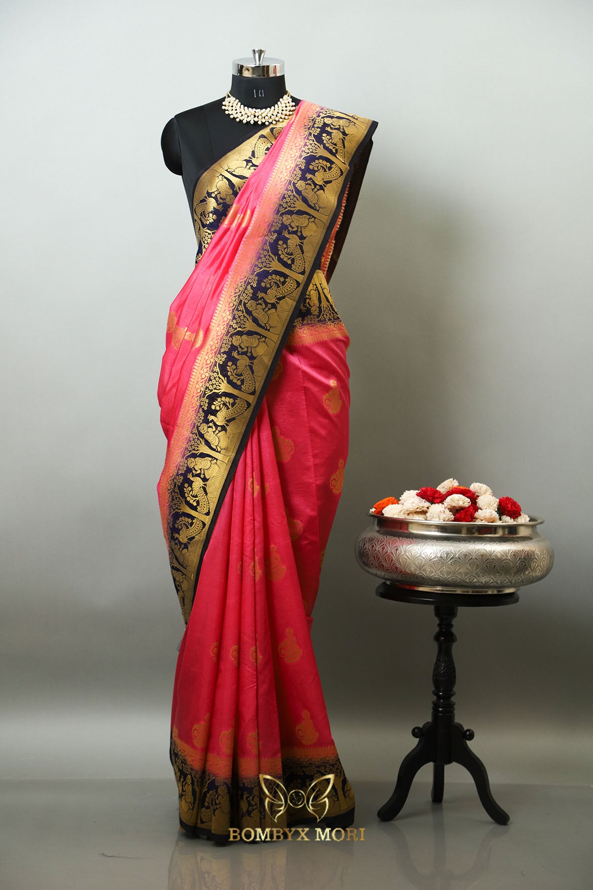 Bright Pink and Royal Blue Baluchari saree