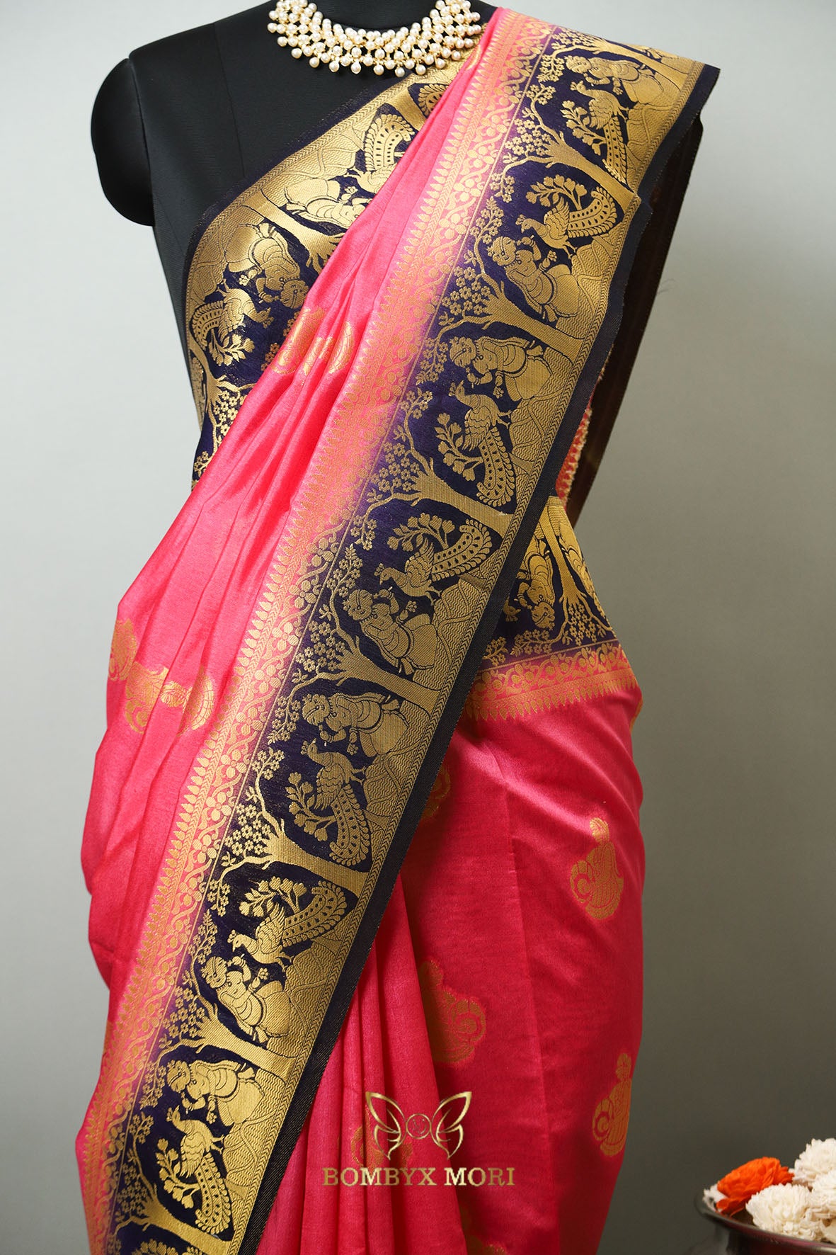 Bright Pink and Royal Blue Baluchari saree