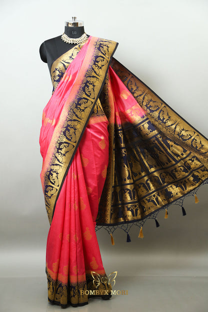 Bright Pink and Royal Blue Baluchari saree