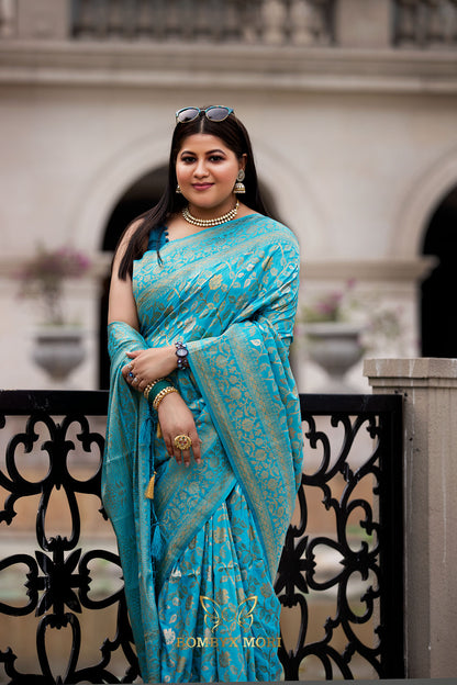 Blossomy Blue Bombyx Banarasi Saree