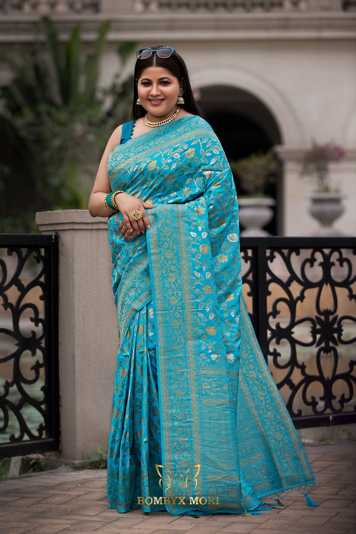 Blossomy Blue Bombyx Banarasi Saree