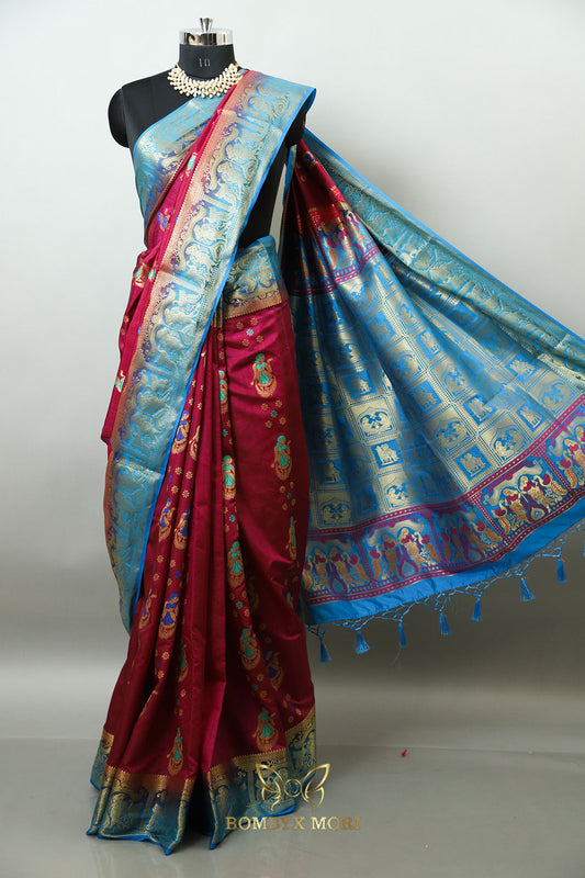 Exquisite Blue  and wine Baluchari Saree