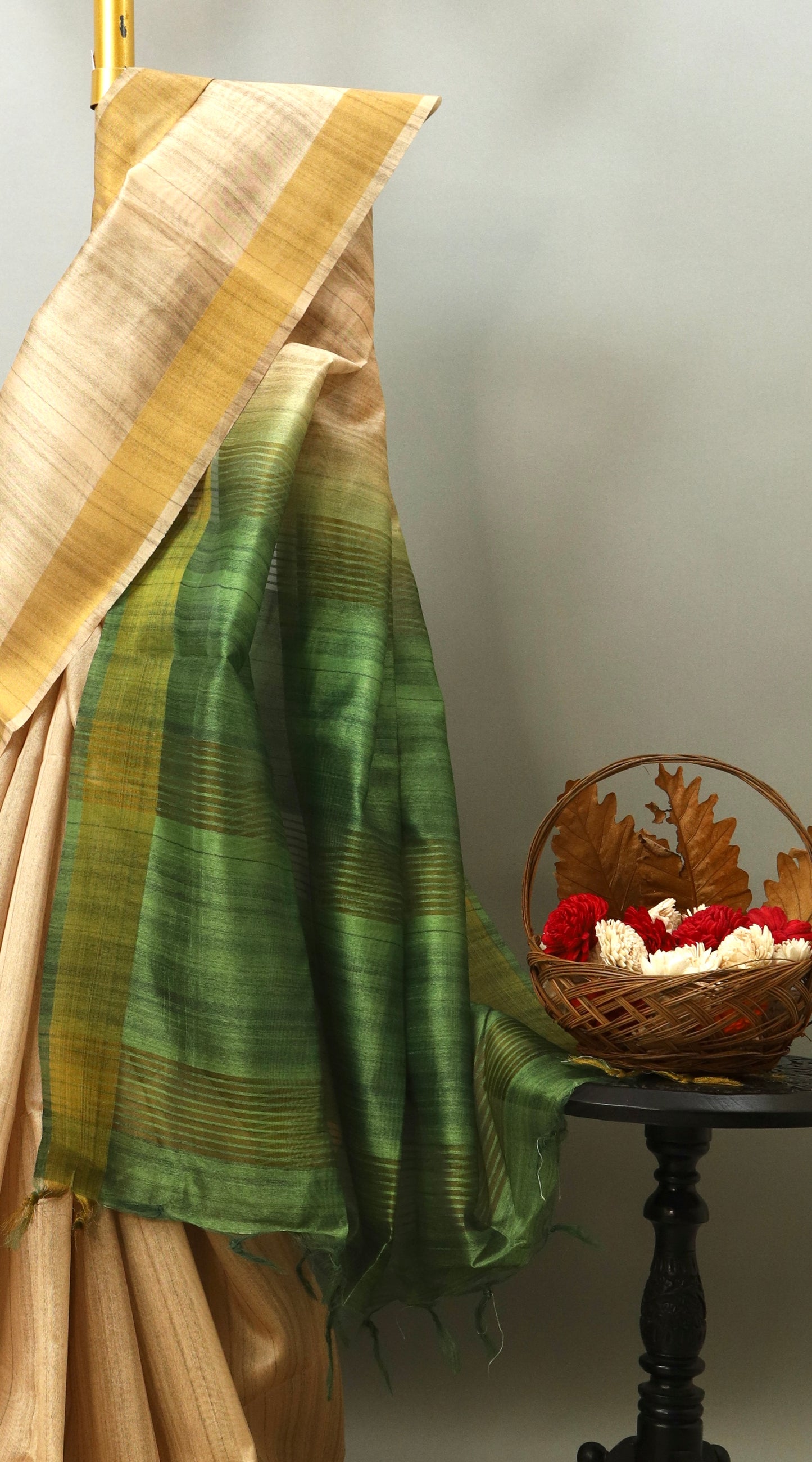 Golden Beige and Green Hues Bhagalpuri Saree