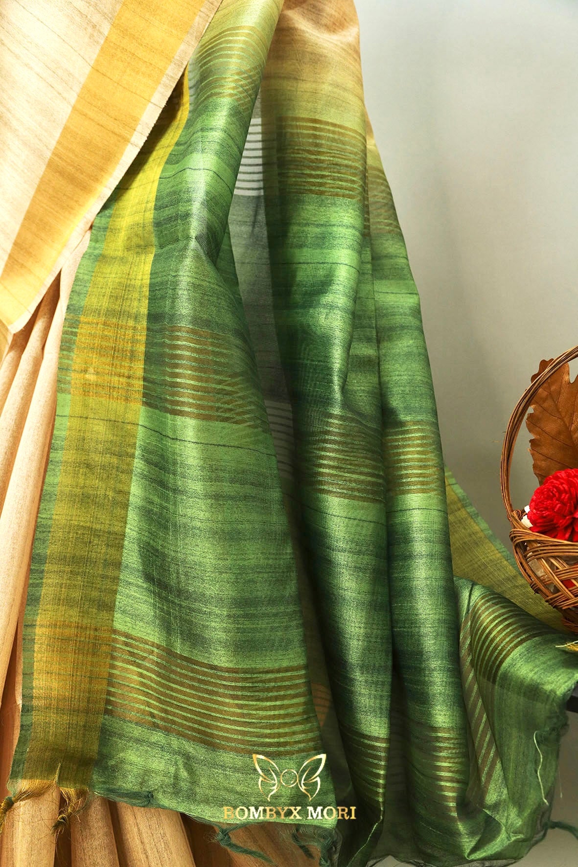 Golden Beige and Green Hues Bhagalpuri Saree