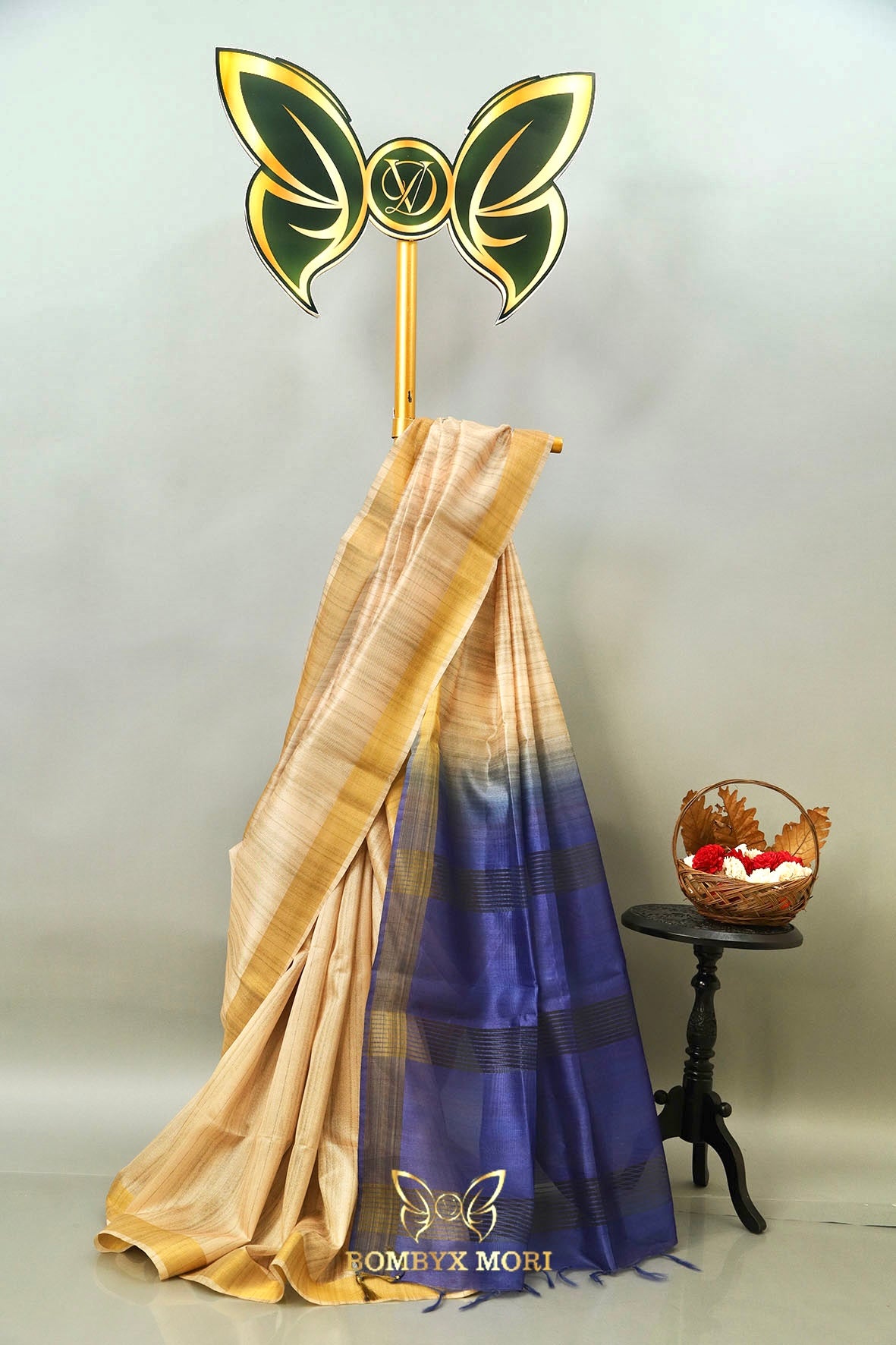 Golden Beige and Blue Bhagalpuri saree