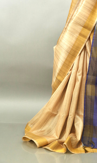 Golden Beige and Blue Bhagalpuri saree