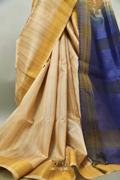 Golden Beige and Blue Bhagalpuri saree