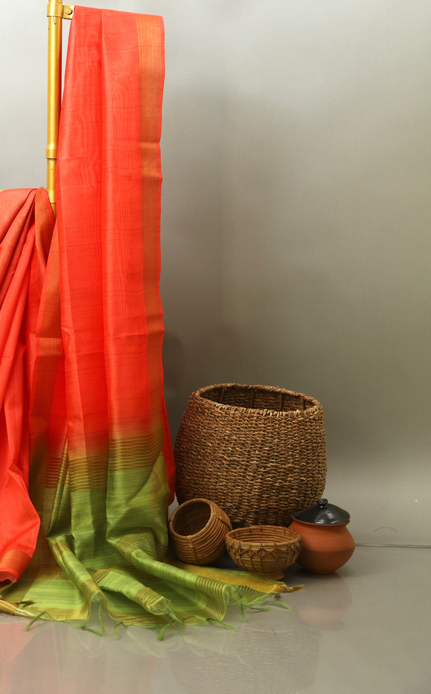 Tomato Red and Green Bhagalpuri saree