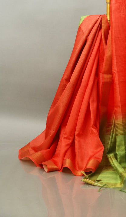 Tomato Red and Green Bhagalpuri saree