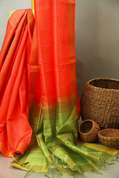 Tomato Red and Green Bhagalpuri saree