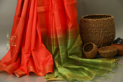 Tomato Red and Green Bhagalpuri saree