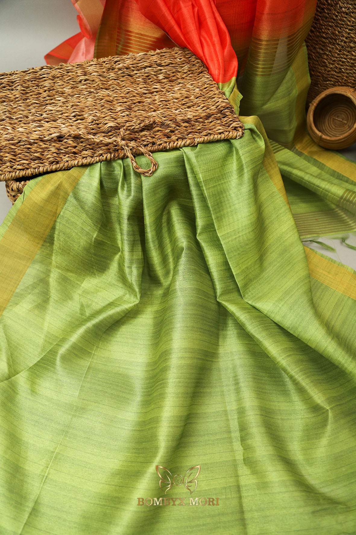 Tomato Red and Green Bhagalpuri saree