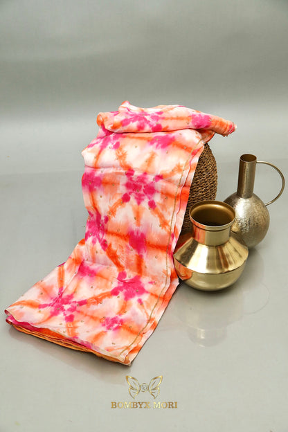 Vibrant Pink and Orange Tie-Dye Rajwada saree