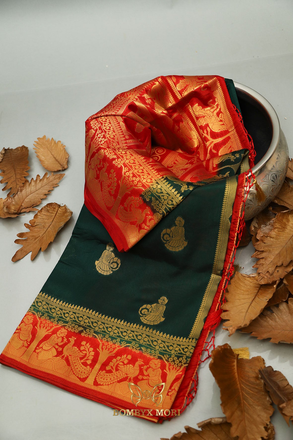 Forest Green and Red Baluchari saree