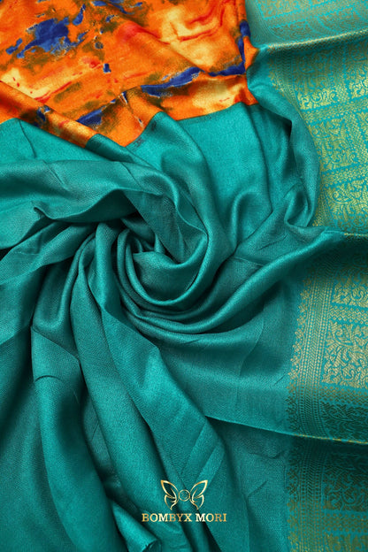 Orange Turquoise Tie Dye Saree