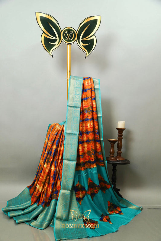 Orange Turquoise Tie Dye Saree