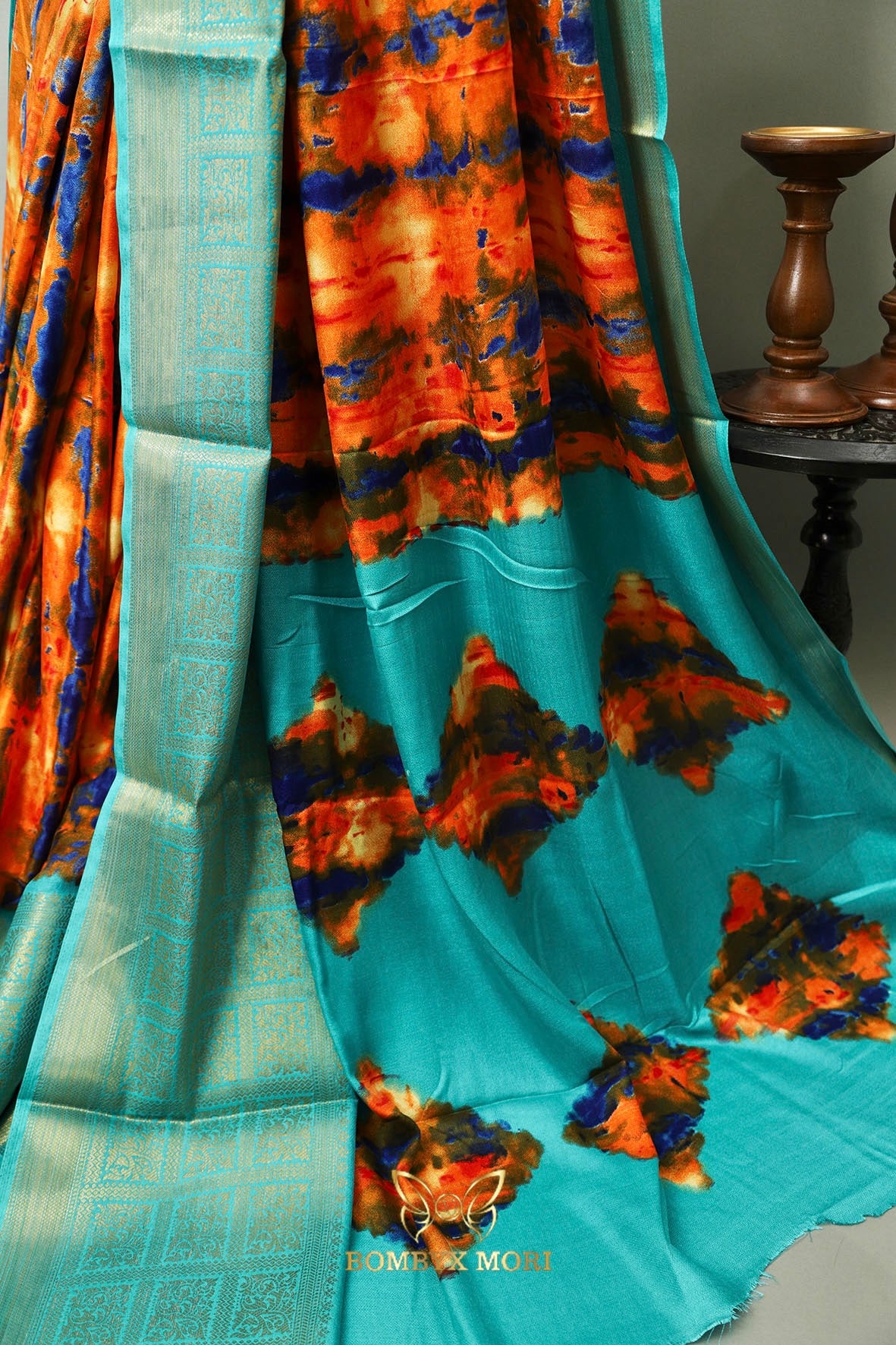 Orange Turquoise Tie Dye Saree