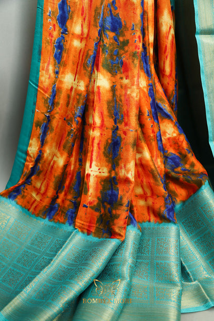 Orange Turquoise Tie Dye Saree