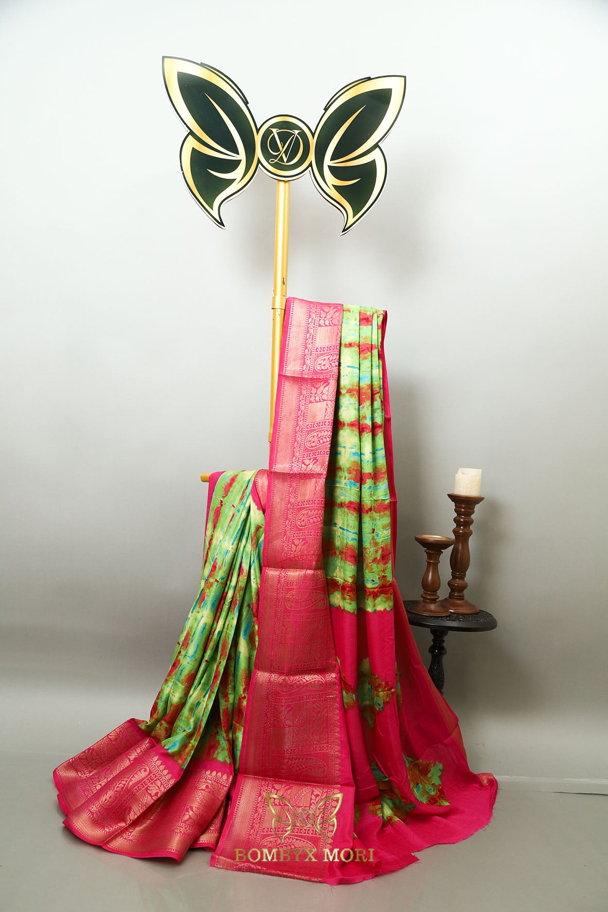 Green and Fuchsia Pink Tie Dye Saree