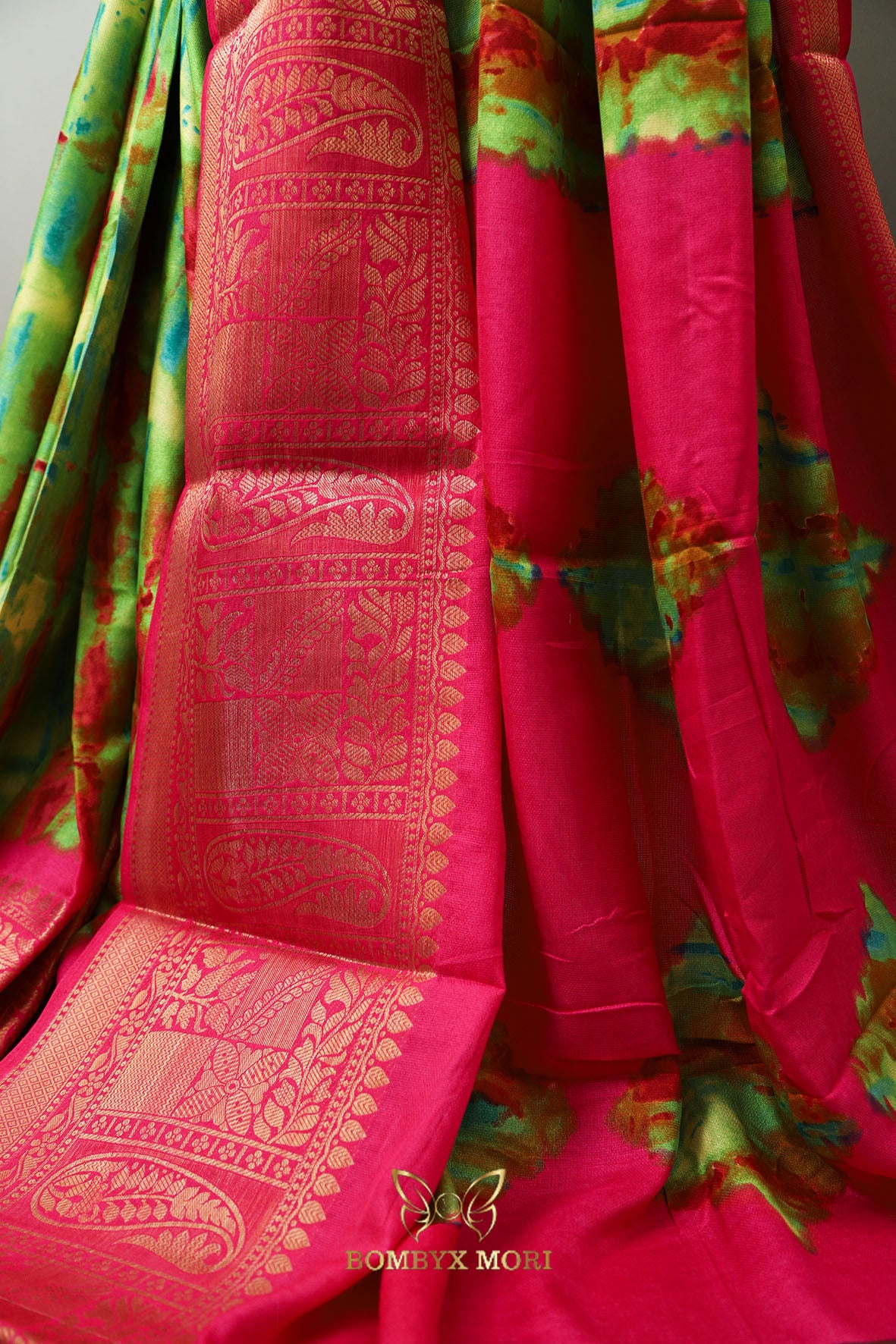 Green and Fuchsia Pink Tie Dye Saree