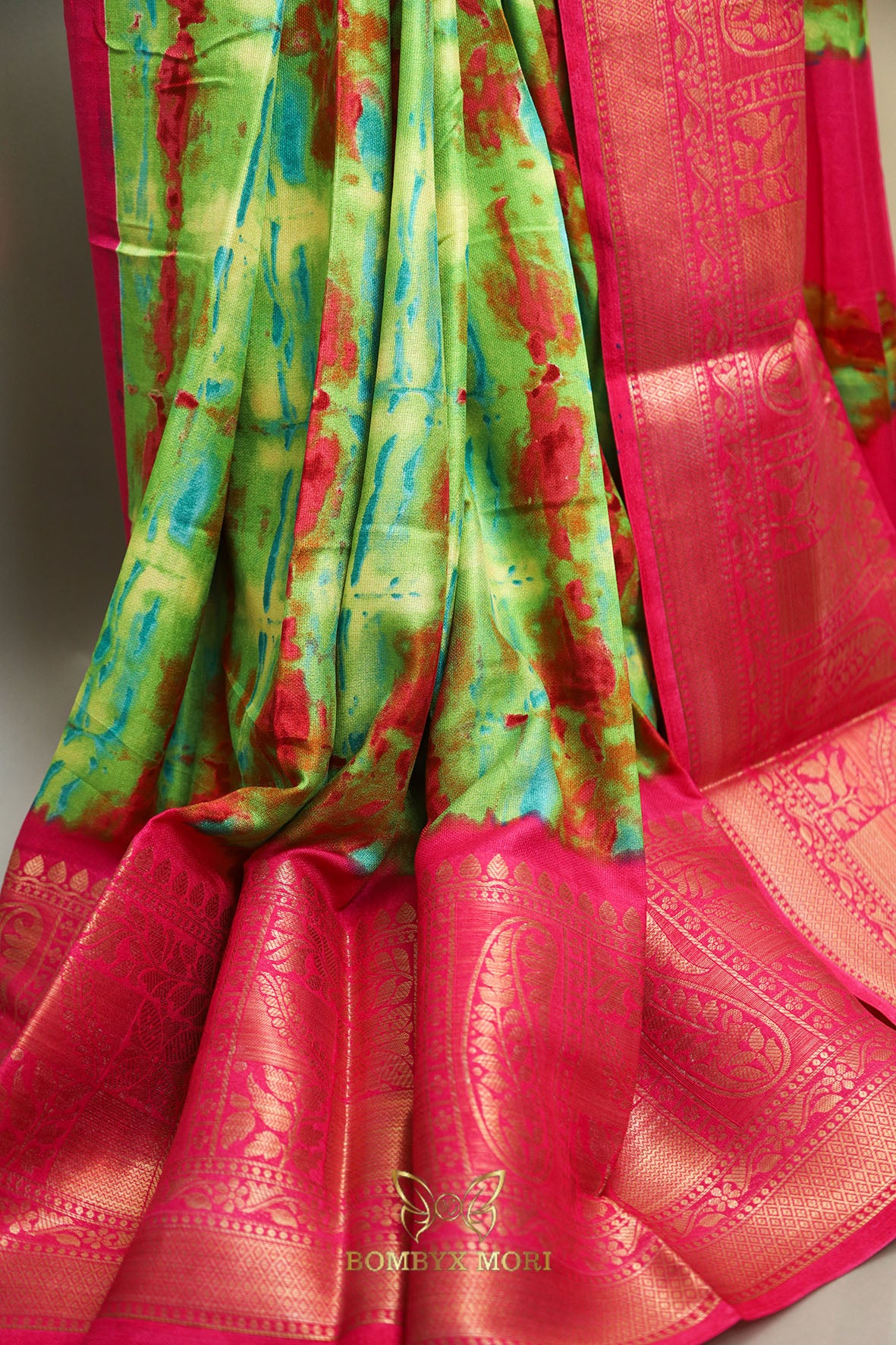 Green and Fuchsia Pink Tie Dye Saree