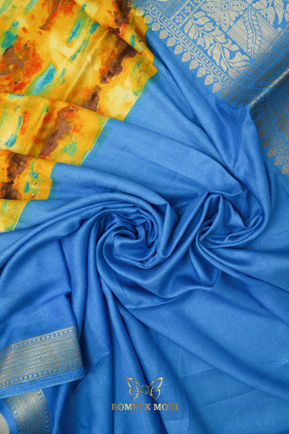 Yellow and Blue Tie Dye Saree