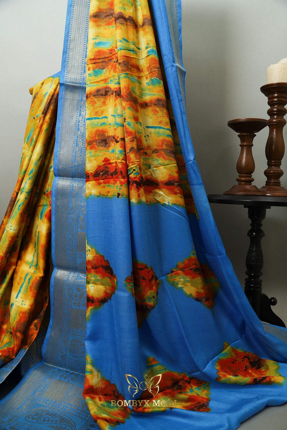 Yellow and Blue Tie Dye Saree