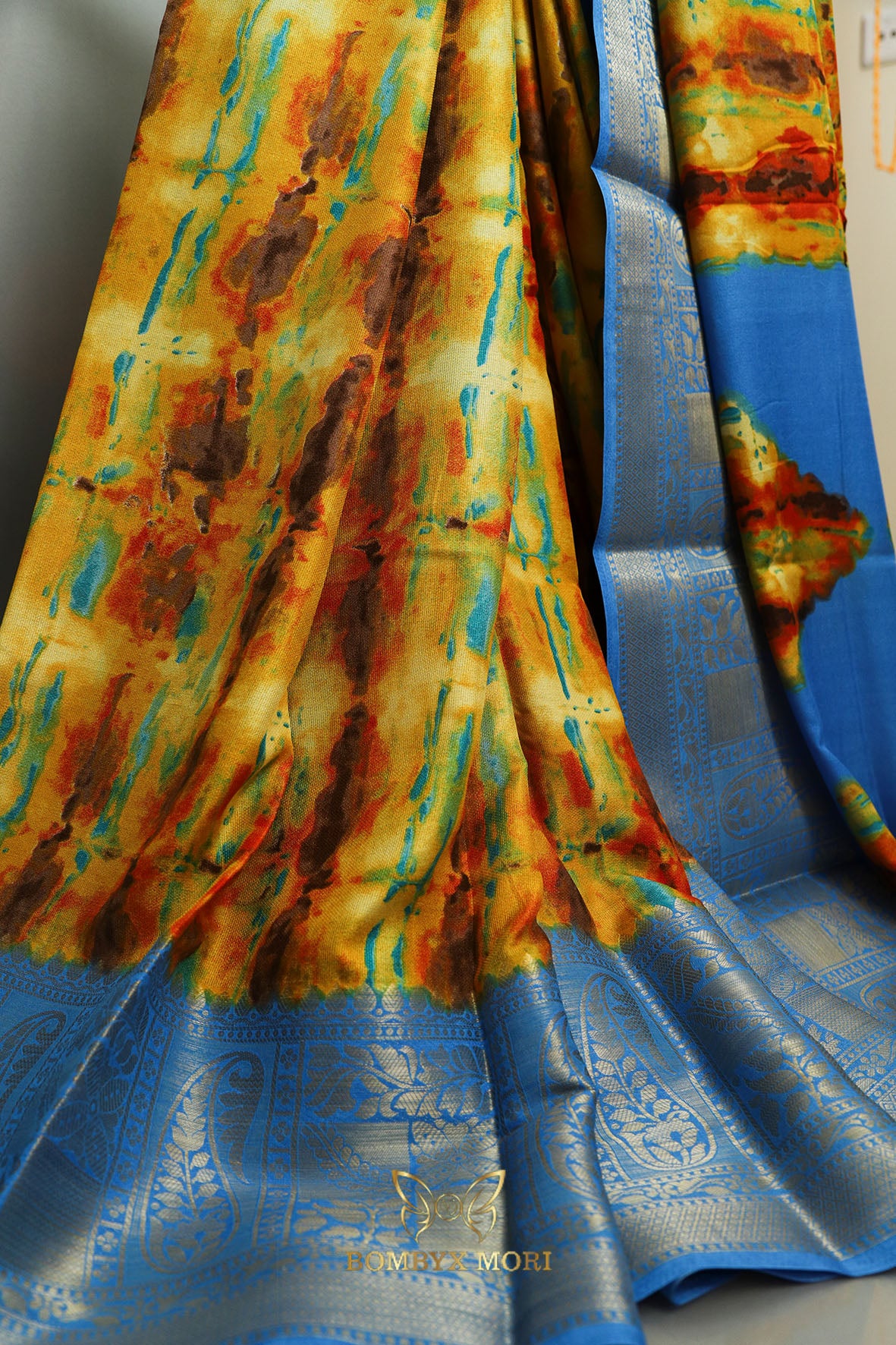 Yellow and Blue Tie Dye Saree