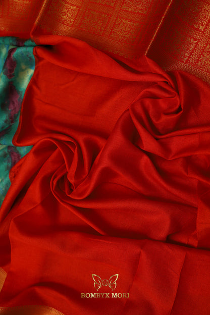 Turquoise and Red Tie Dye Saree